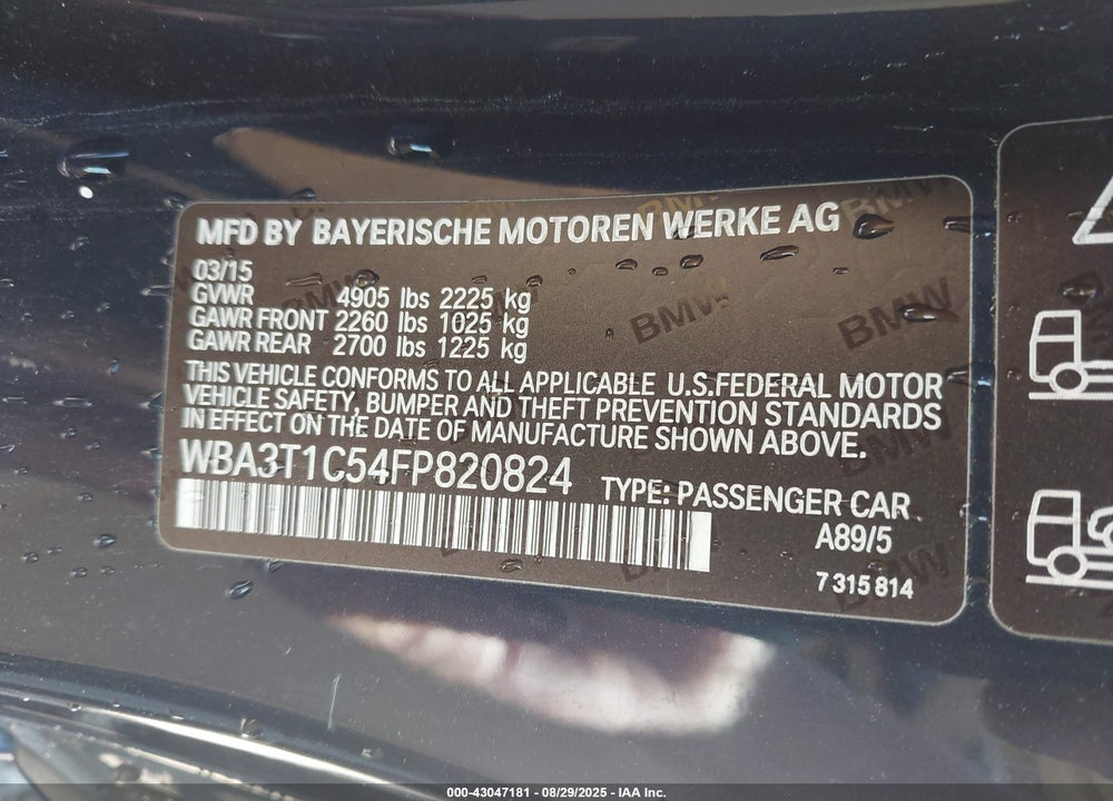 2015 BMW 4 SERIES VIN: WBA3T1C54FP820824