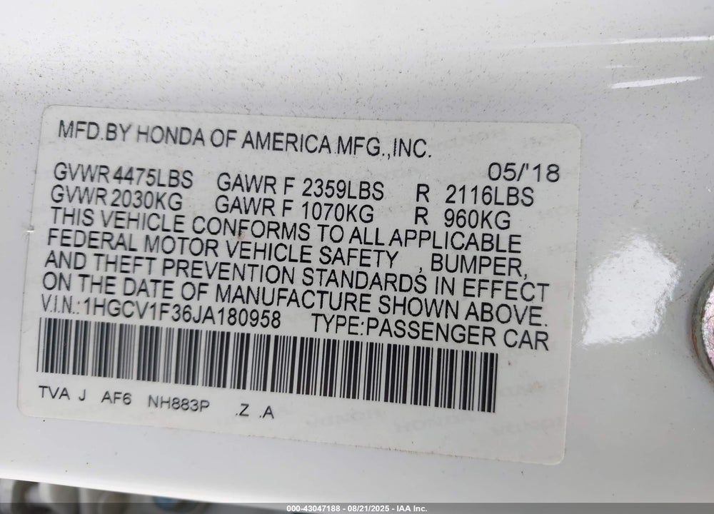 2018 HONDA ACCORD SPORT VIN: 1HGCV1F36JA180958