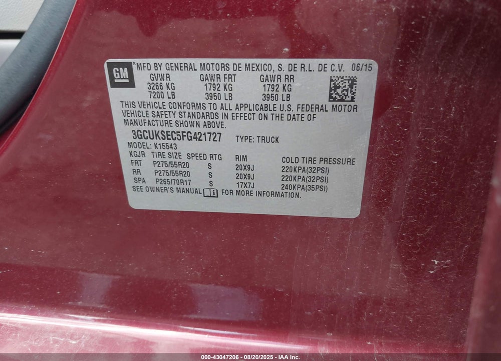 2015 CHEVROLET SILVERADO 1500 2LZ VIN: 3GCUKSEC5FG421727