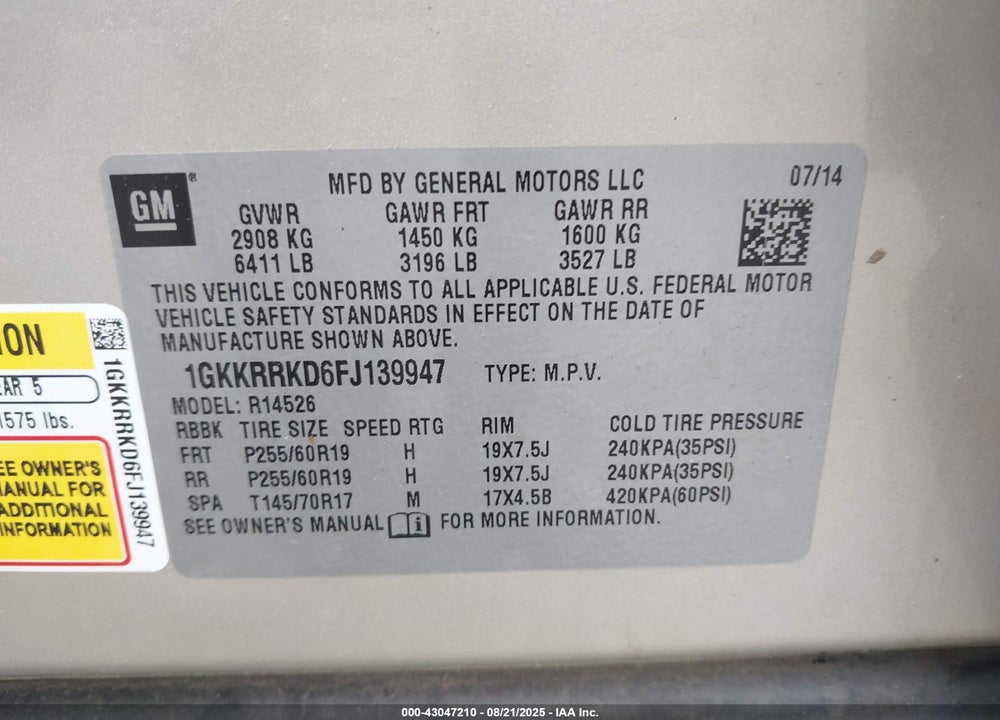 2015 GMC ACADIA VIN: 1GKKRRKD6FJ139947