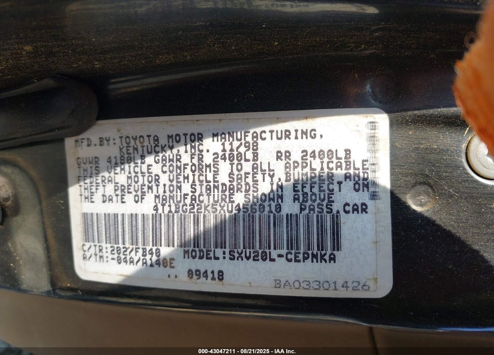 1999 TOYOTA CAMRY CE/LE/XLE VIN: 4T1BG22K5XU456010