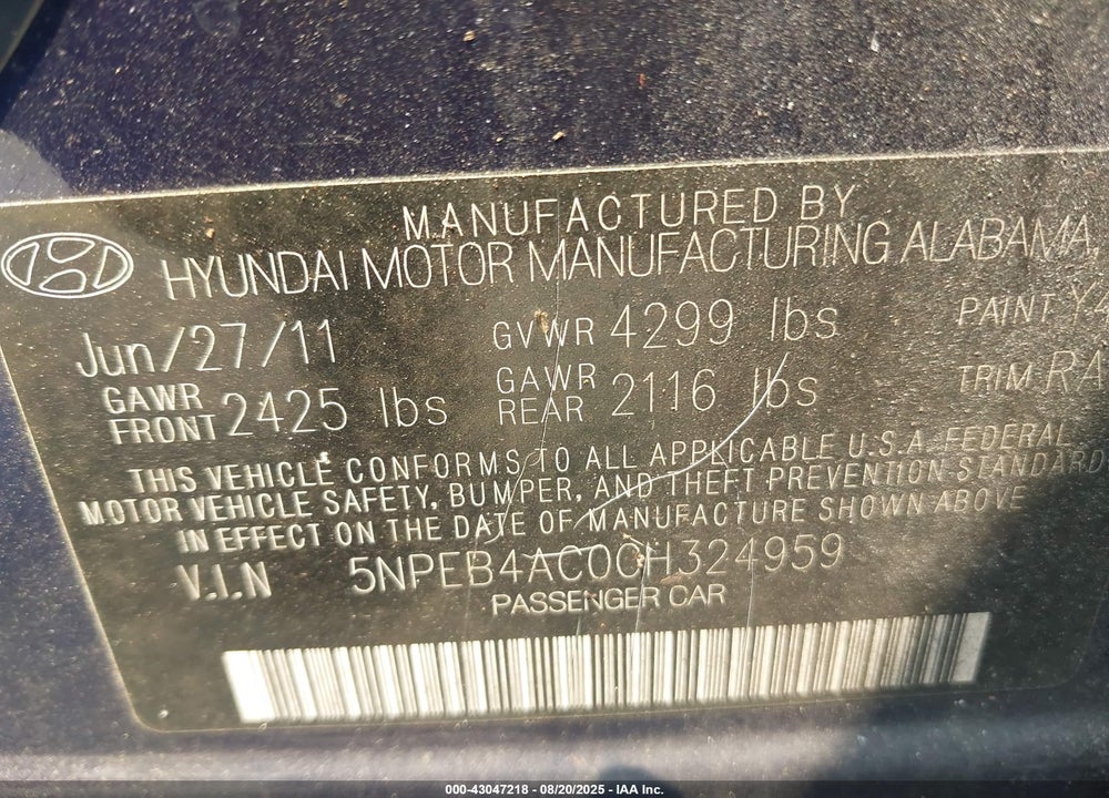 2012 HYUNDAI SONATA VIN: 5NPEB4AC0CH324959