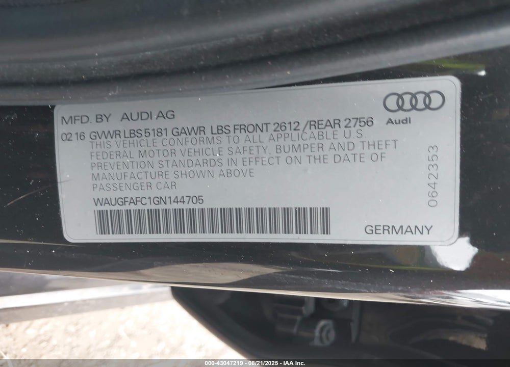 2016 AUDI A6 VIN: WAUGFAFC1GN144705