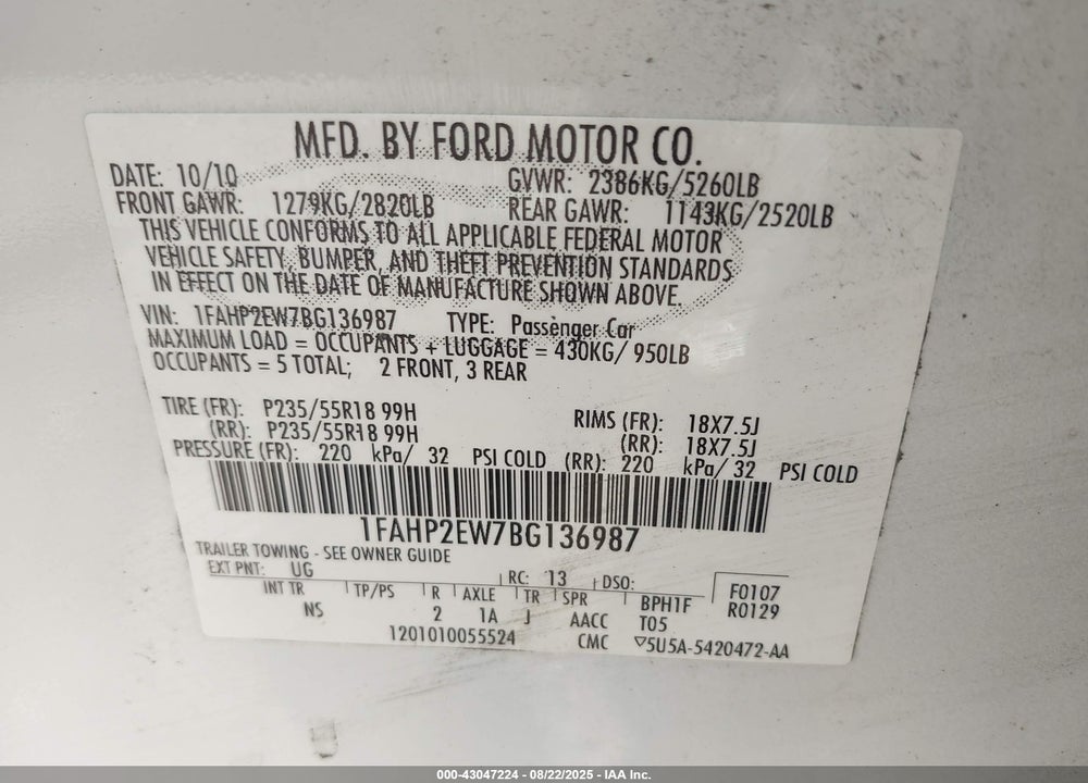 2011 FORD TAURUS VIN: 1FAHP2EW7BG136987