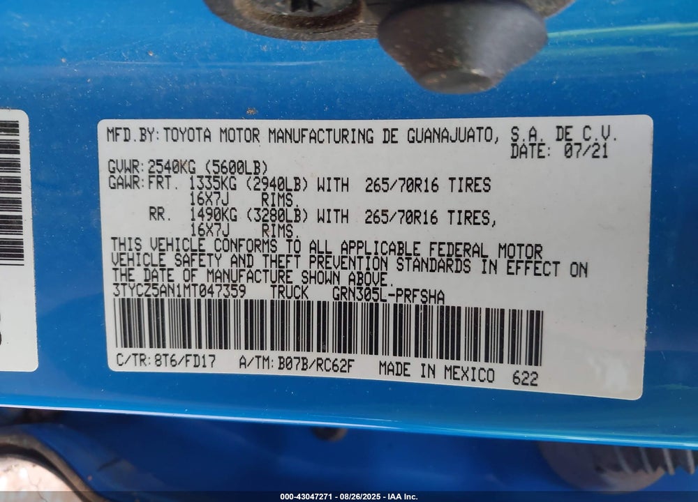 2021 TOYOTA TACOMA VIN: 3TYCZ5AN1MT047359