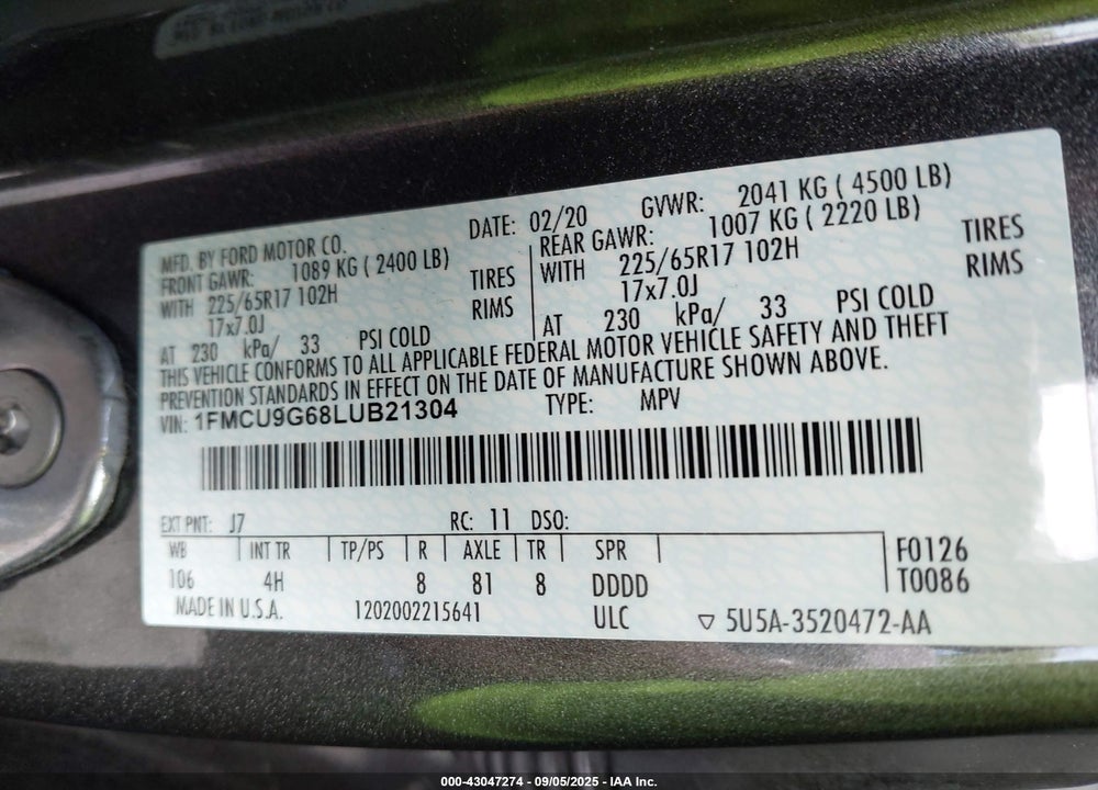 2020 FORD ESCAPE VIN: 1FMCU9G68LUB21304