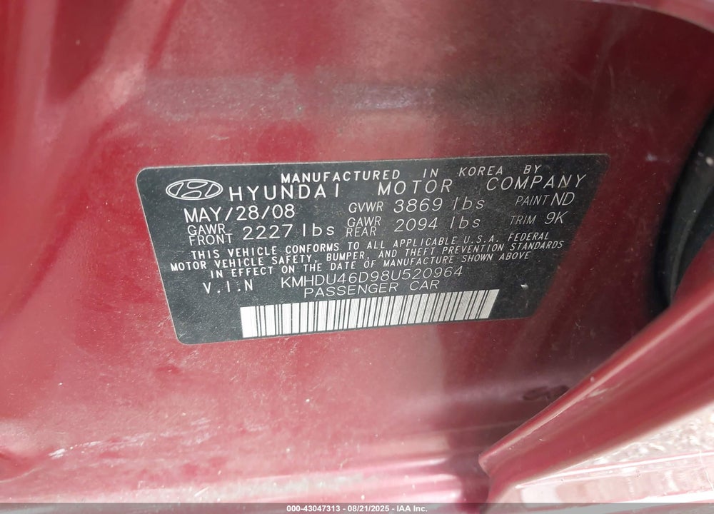 2008 HYUNDAI ELANTRA GLS/SE VIN: KMHDU46D98U520964