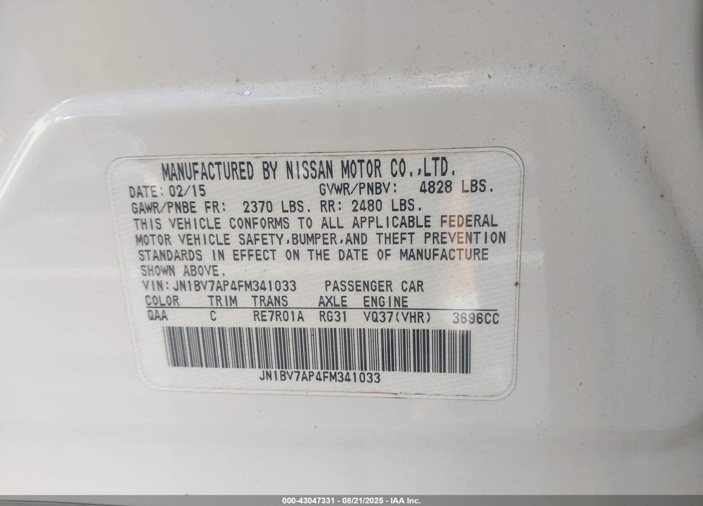 2015 INFINITI Q50 VIN: JN1BV7AP4FM341033