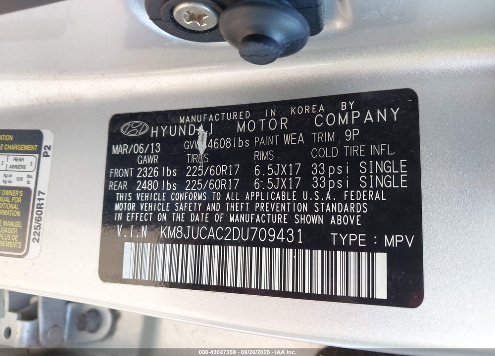 2013 HYUNDAI TUCSON VIN: KM8JUCAC2DU709431
