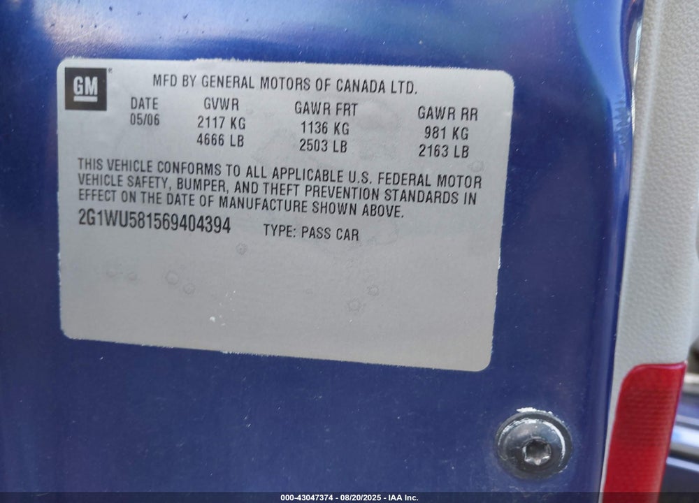 2006 CHEVROLET IMPALA LTZ VIN: 2G1WU581569404394