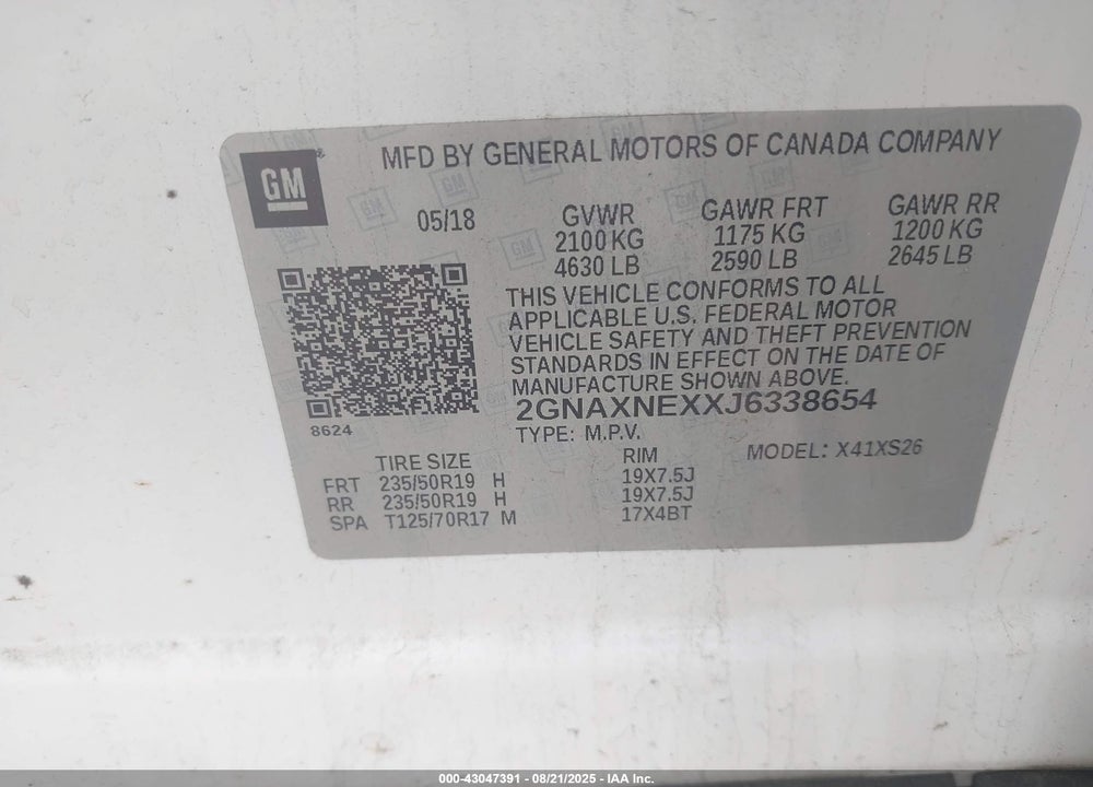 2018 CHEVROLET EQUINOX VIN: 2GNAXNEXXJ6338654