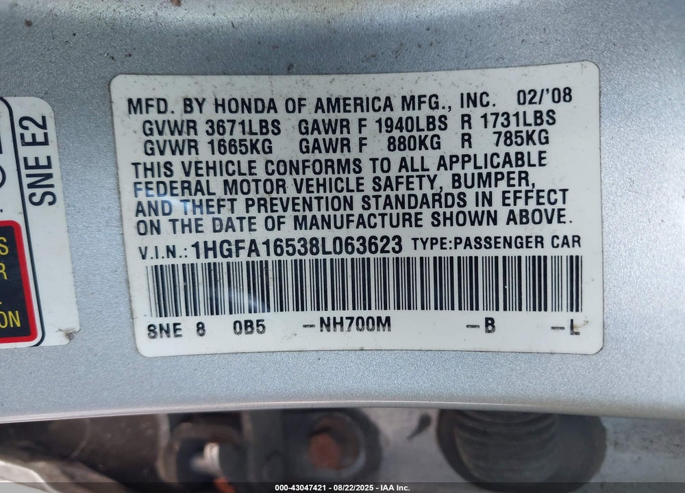 2008 HONDA CIVIC LX VIN: 1HGFA16538L063623