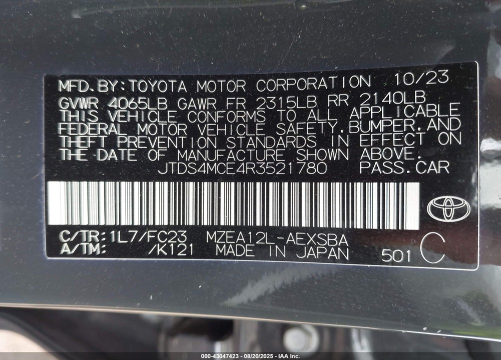 2024 TOYOTA COROLLA VIN: JTDS4MCE4R3521780