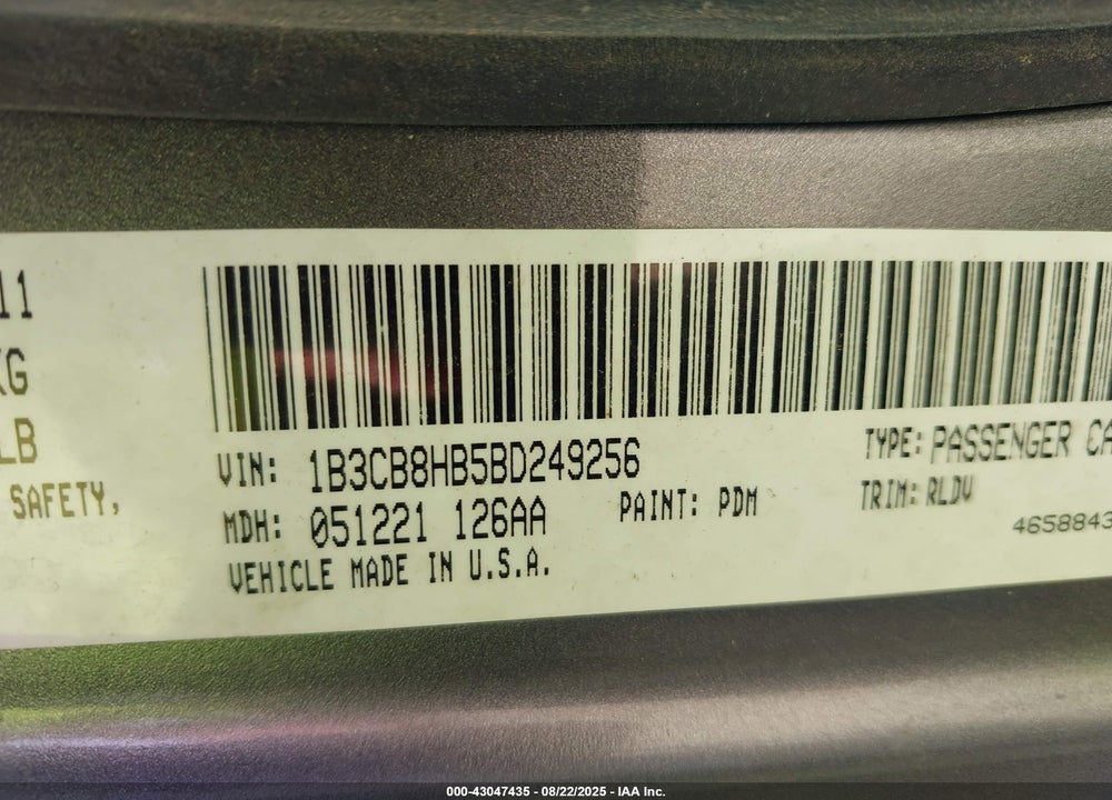2011 DODGE CALIBER VIN: 1B3CB8HB5BD249256
