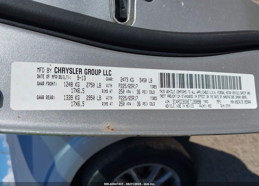 2014 DODGE JOURNEY VIN: 3C4PDCBG0ET126898