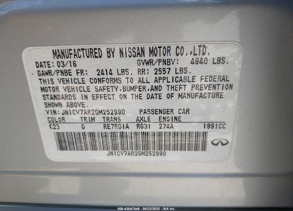 2016 INFINITI Q50 VIN: JN1CV7AR2GM252990