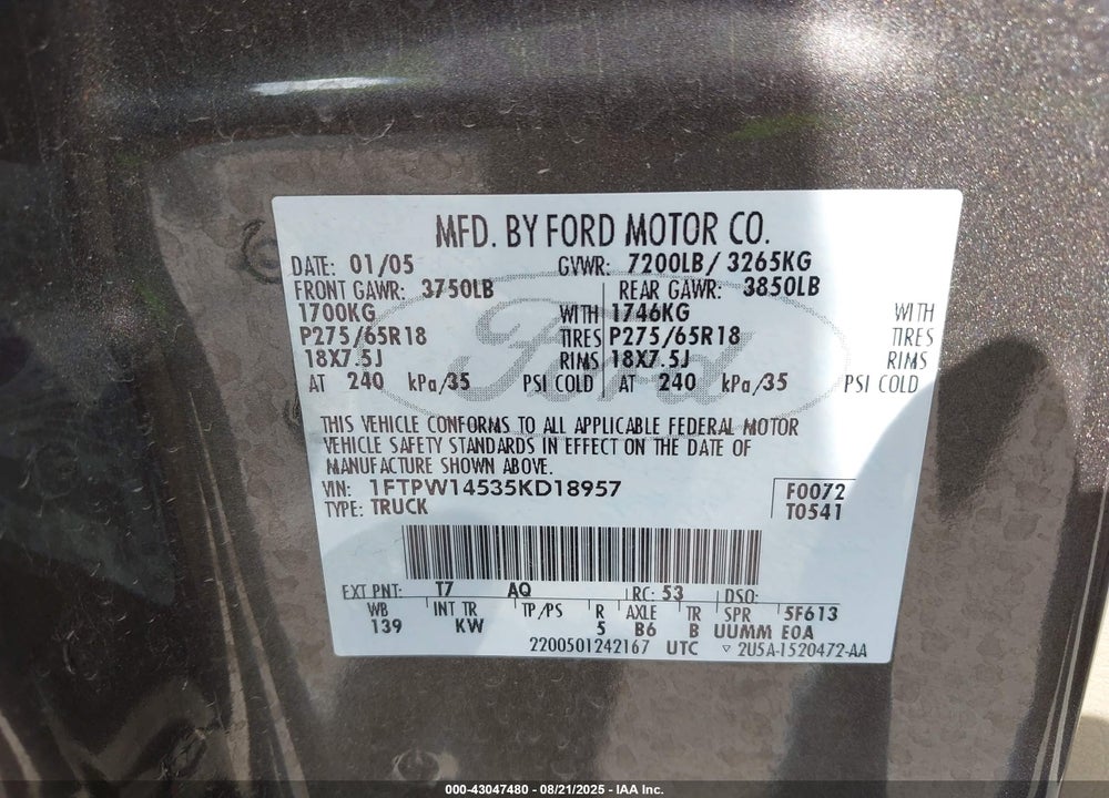 2005 FORD F-150 VIN: 1FTPW14535KD18957
