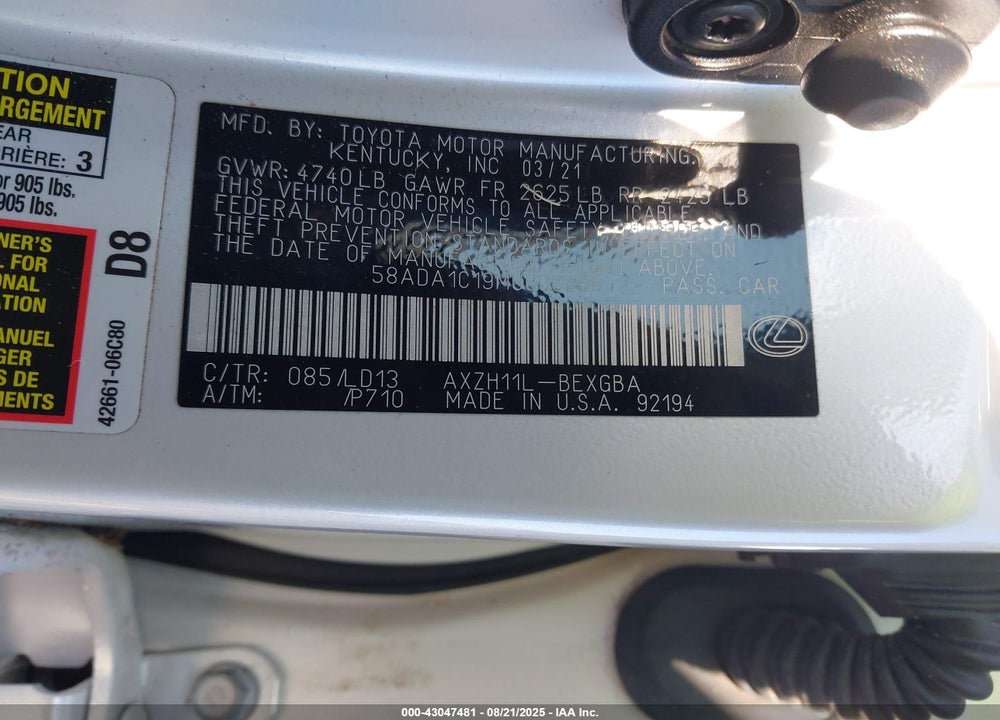 2021 LEXUS ES 300H VIN: 58ADA1C19MU006469