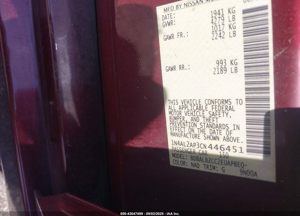 2012 NISSAN ALTIMA VIN: 1N4AL2AP3CN446451