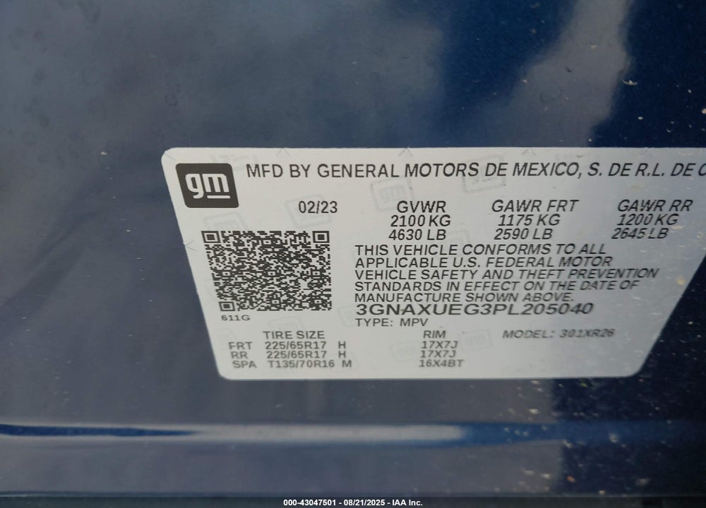 2023 CHEVROLET EQUINOX AWD LT VIN: 3GNAXUEG3PL205040
