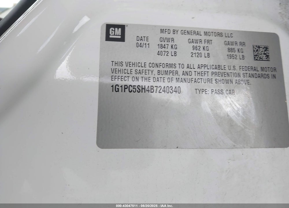 2011 CHEVROLET CRUZE VIN: 1G1PC5SH4B7240340