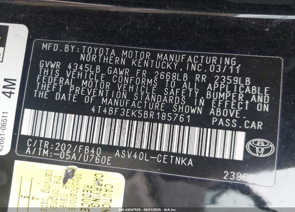 2011 TOYOTA CAMRY VIN: 4T4BF3EK5BR185761
