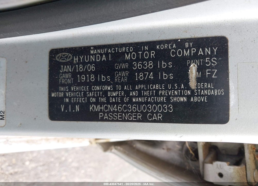 2006 HYUNDAI ACCENT GLS VIN: KMHCN46C36U030033
