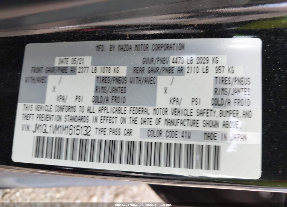 2021 MAZDA 6 VIN: JM1GL1VM1M1615132