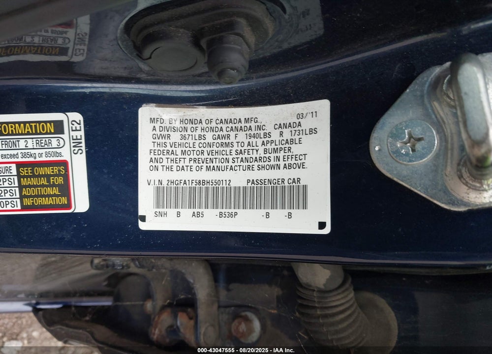 2011 HONDA CIVIC VIN: 2HGFA1F58BH550112