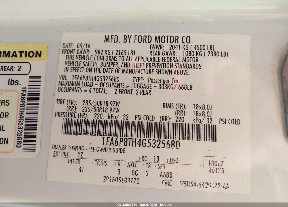 2016 FORD MUSTANG VIN: 1FA6P8TH4G5325680
