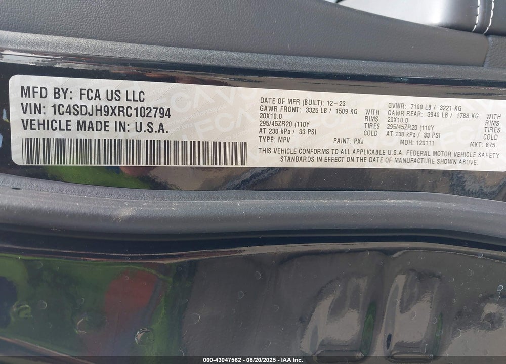 2024 DODGE DURANGO VIN: 1C4SDJH9XRC102794