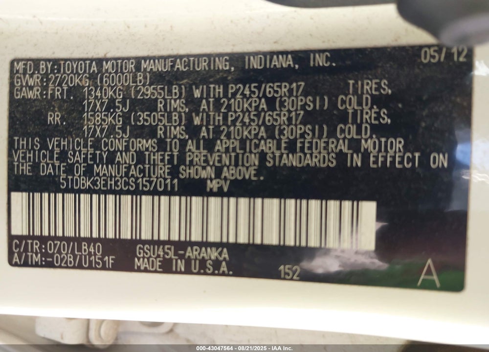 2012 TOYOTA HIGHLANDER VIN: 5TDBK3EH3CS157011