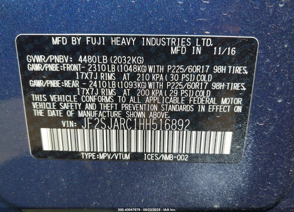 2017 SUBARU FORESTER VIN: JF2SJARC1HH516892
