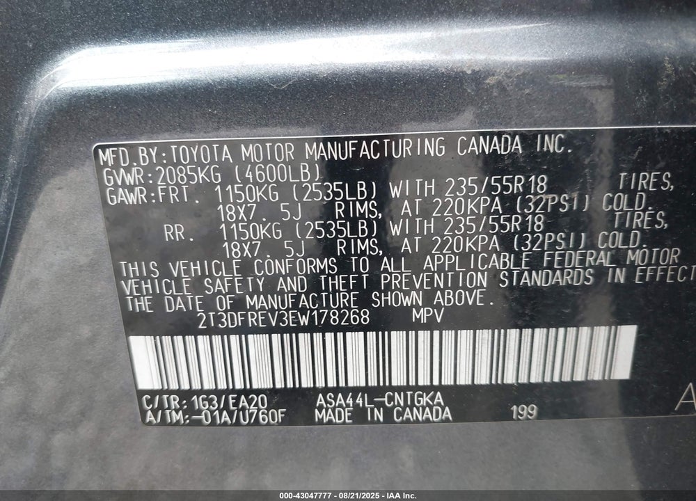 2014 TOYOTA RAV4 LIMITED VIN: 2T3DFREV3EW178268