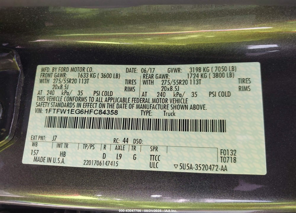 2017 FORD F-150 VIN: 1FTFW1EG6HFC84358