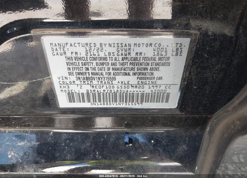2022 NISSAN SENTRA VIN: 3N1AB8DV1NY315599