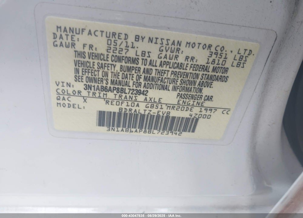 2011 NISSAN SENTRA VIN: 3N1AB6AP8BL723942