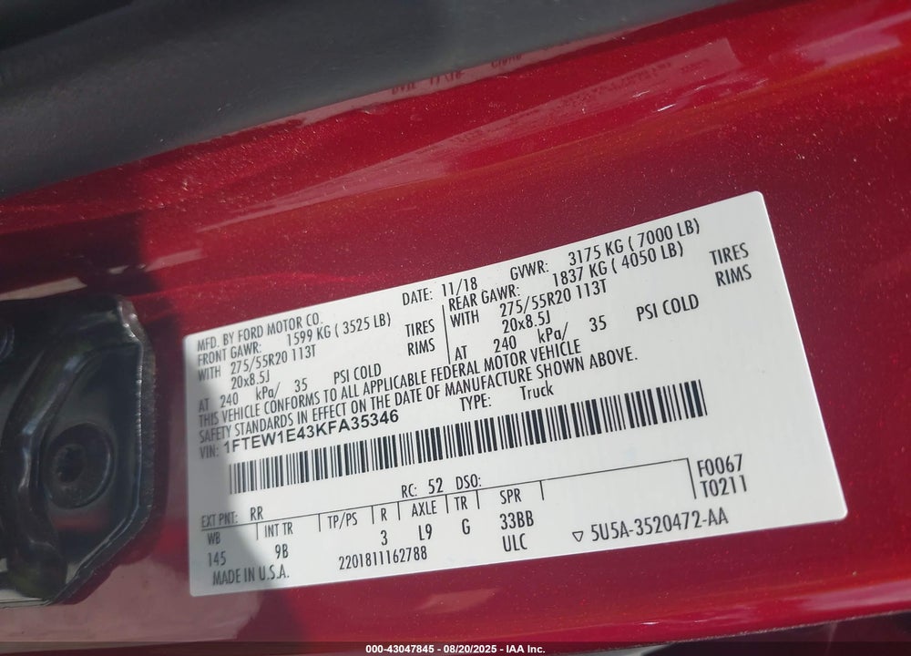 2019 FORD F-150 VIN: 1FTEW1E43KFA35346