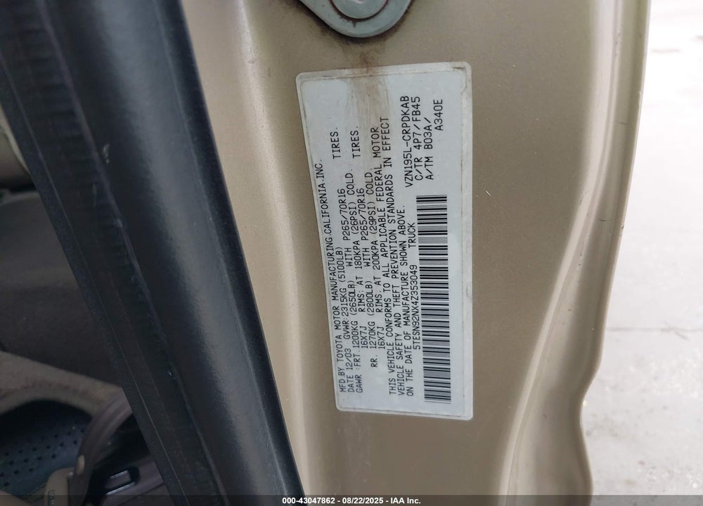 2004 TOYOTA TACOMA PRERUNNER V6 VIN: 5TESN92NX4Z353049