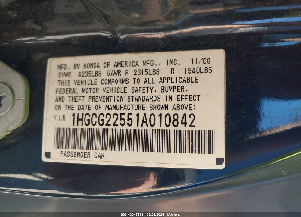2001 HONDA ACCORD 3.0 EX VIN: 1HGCG22551A010842