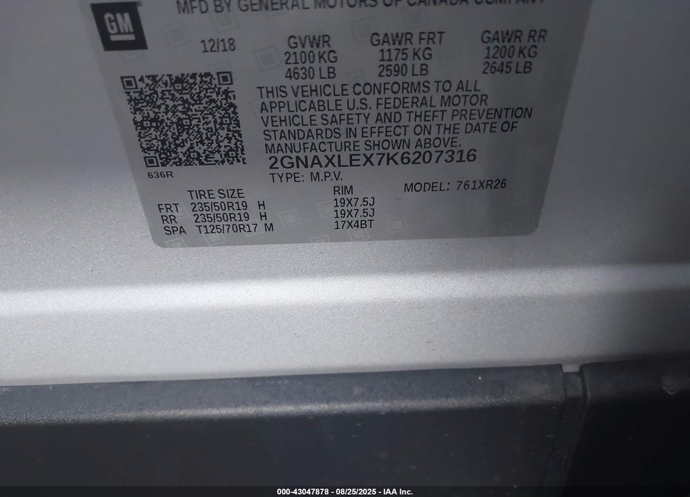 2019 CHEVROLET EQUINOX VIN: 2GNAXLEX7K6207316