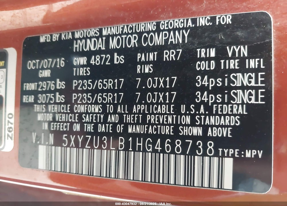 2017 HYUNDAI SANTA FE SPORT 2.4L VIN: 5XYZU3LB1HG468738