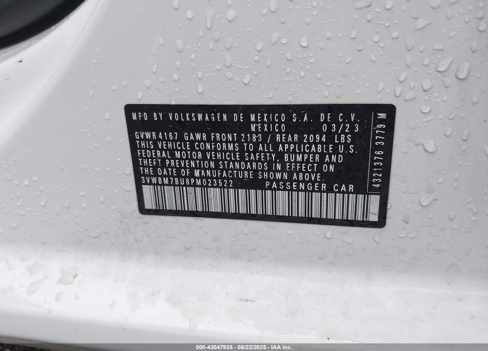 2023 VOLKSWAGEN JETTA VIN: 3VWBM7BU8PM023522