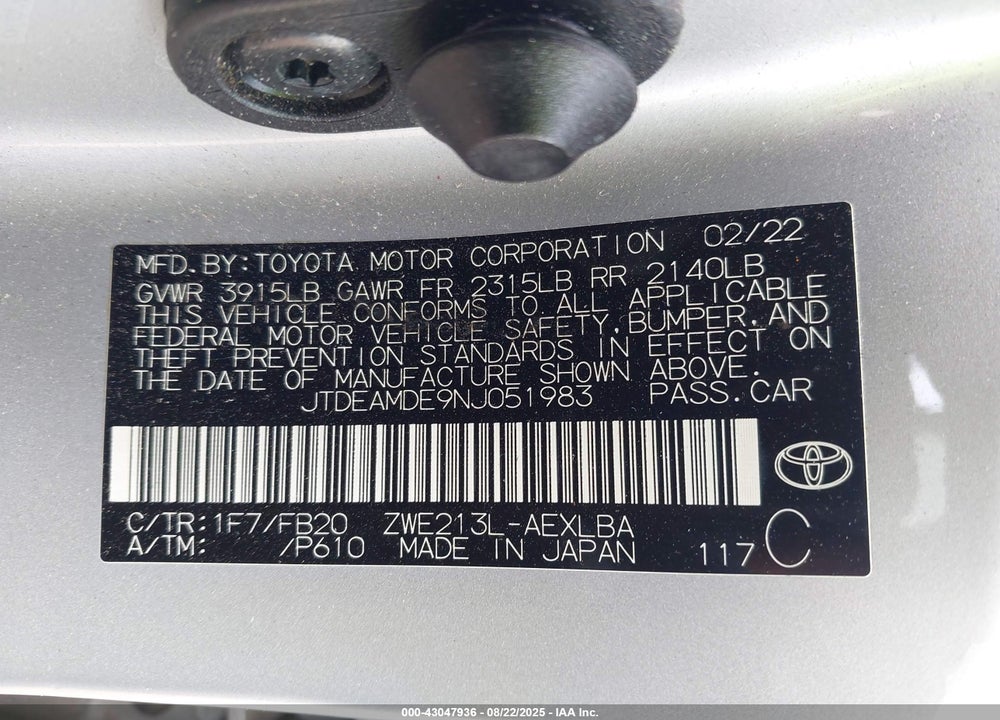 2022 TOYOTA COROLLA HYBRID LE VIN: JTDEAMDE9NJ051983