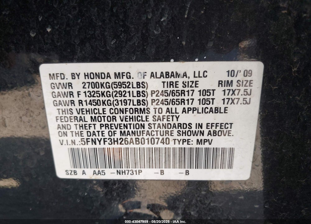 2010 HONDA PILOT VIN: 5FNYF3H26AB010740