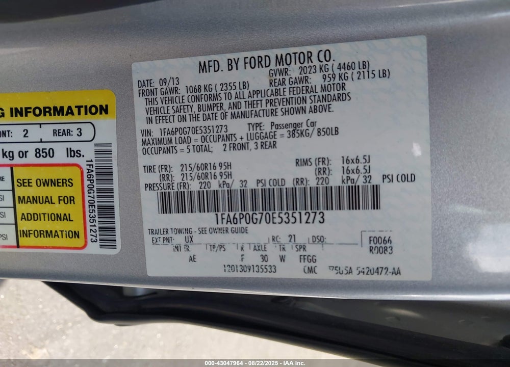 2014 FORD FUSION VIN: 1FA6P0G70E5351273