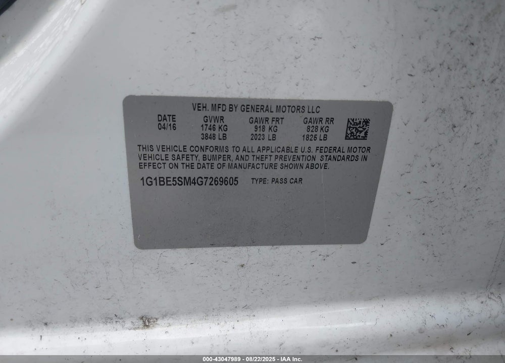 2016 CHEVROLET CRUZE VIN: 1G1BE5SM4G7269605
