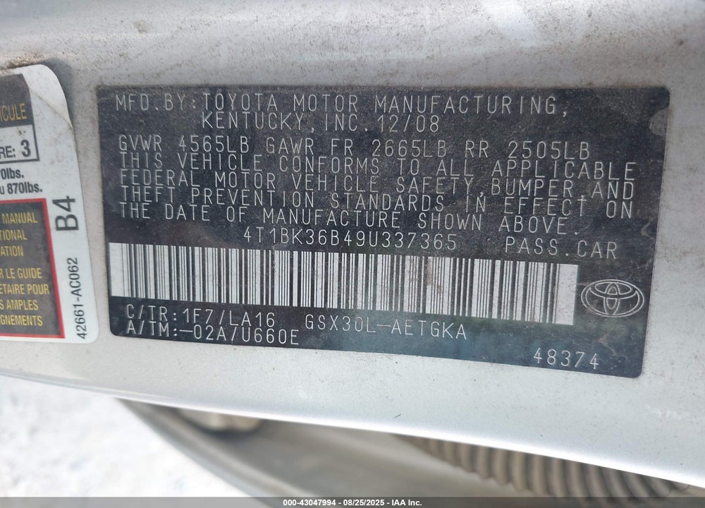 2009 TOYOTA AVALON VIN: 4T1BK36B49U337365