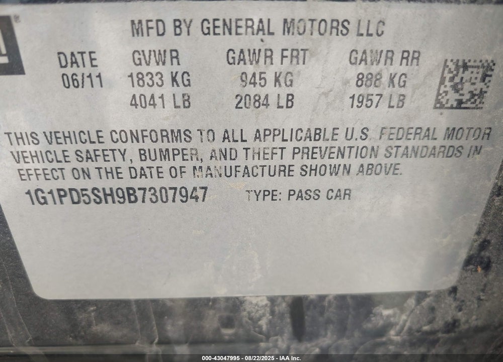 2011 CHEVROLET CRUZE VIN: 1G1PD5SH9B7307947