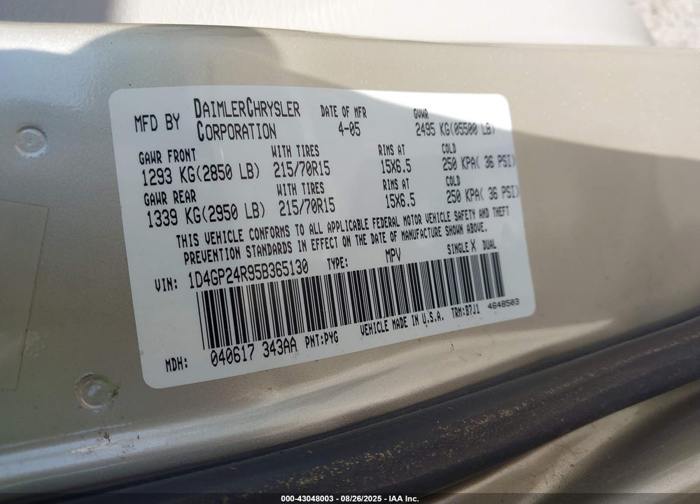 2005 DODGE GRAND CARAVAN SE VIN: 1D4GP24R95B365130